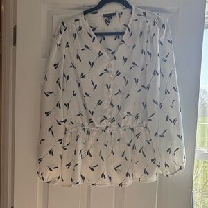 Alfani White Blouse with Black Leaf Pattern